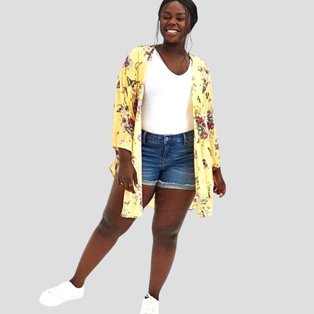 TORRID 2X Yellow & Pink Floral Georgette Shirttail Kimono Duster